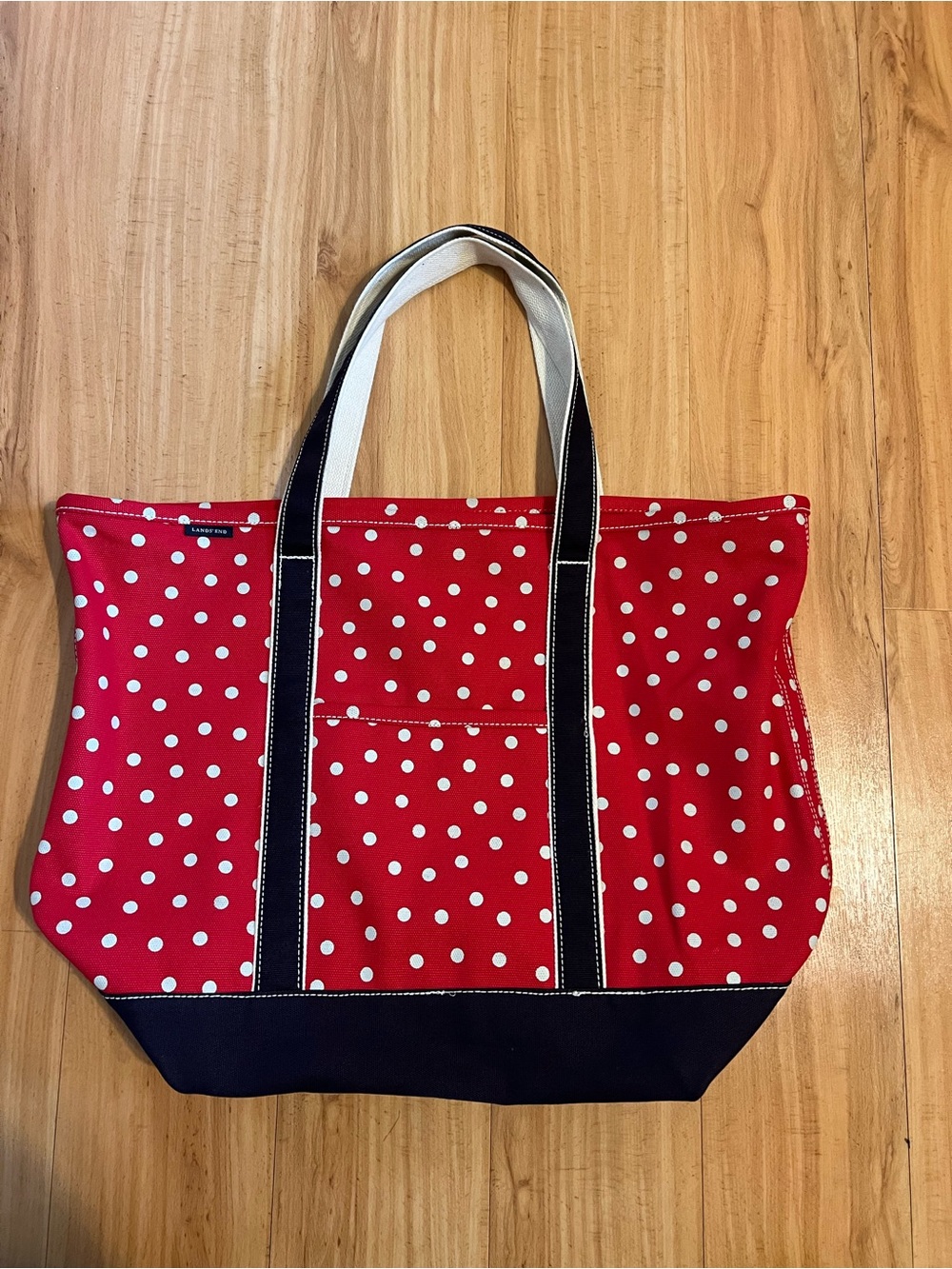 XL Lands' End Red Polka Dot Tote with Navy Trim